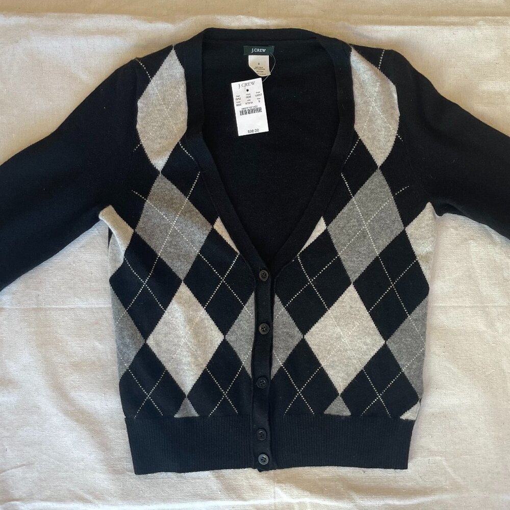 J CREW NWT Black and Light Grey Wool ARGYLE Button Down Cardigan, V neck